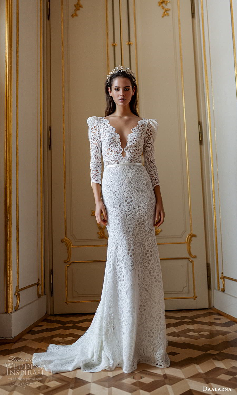 daalarna spring 2022 bridal long puff sleeves v neckline fully embellished lace sheath wedding dress chapel train (1) mv daalarna spring 2022 bridal long puff sleeves v neckline fully embellished lace sheath wedding dress chapel train (1) mv