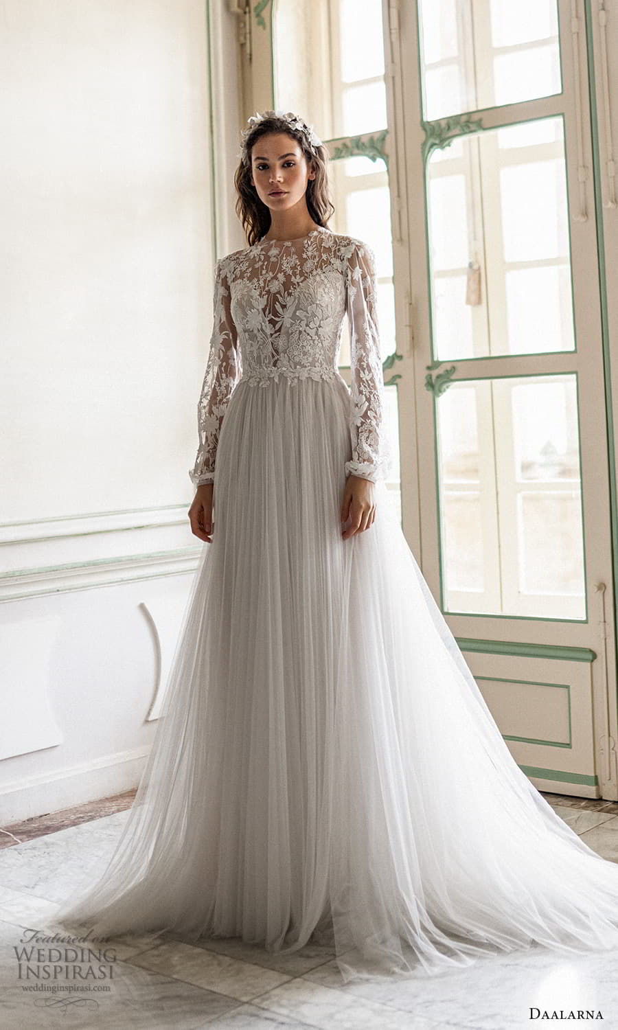 daalarna spring 2022 bridal sheer long bishop sleeves jewel neckline embellished bodice clean skirt a line wedding dress chapel train (9) mv