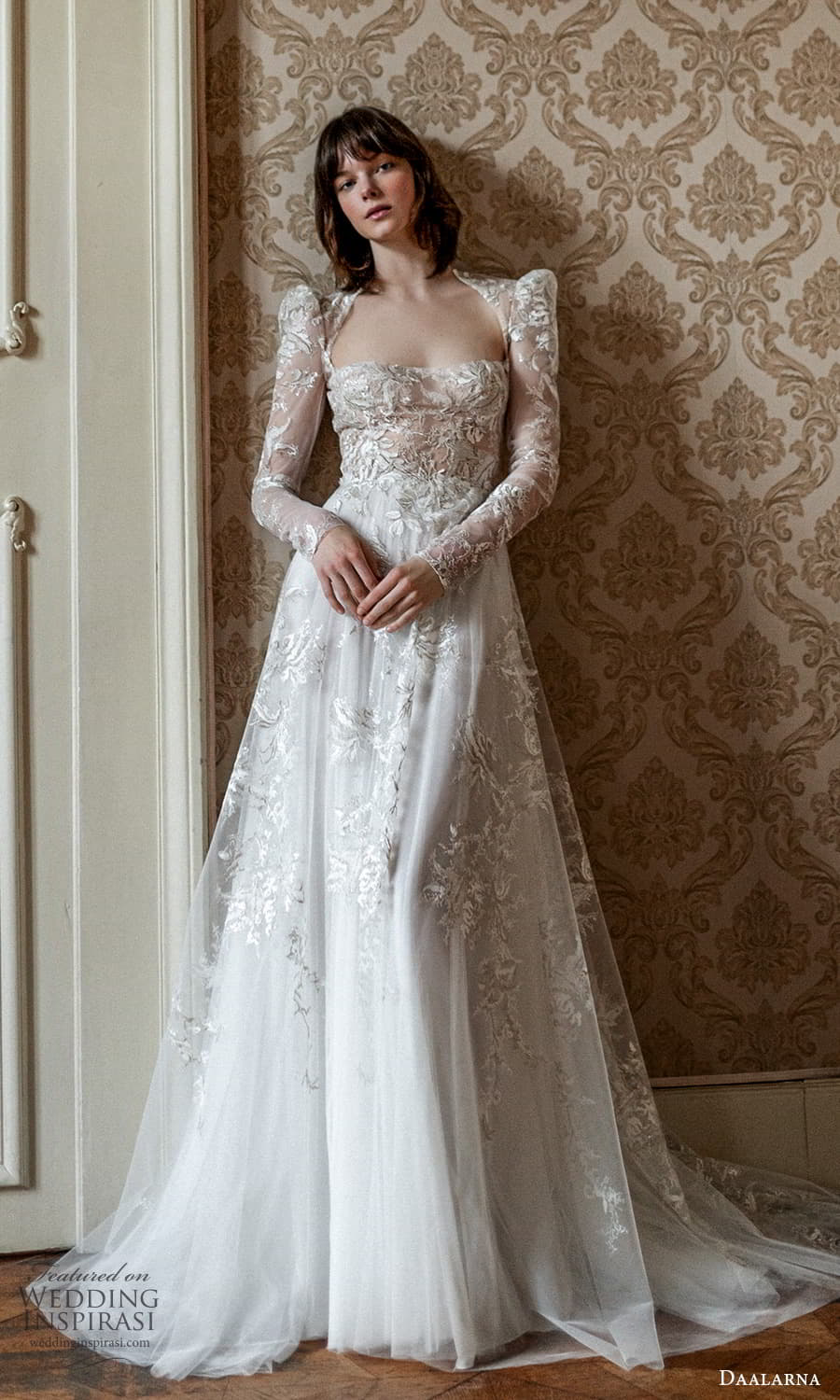 daalarna spring 2022 bridal sheer long sleeve puff sleeves straight across neckline fully embellished lace a line wedding dress (27) mv