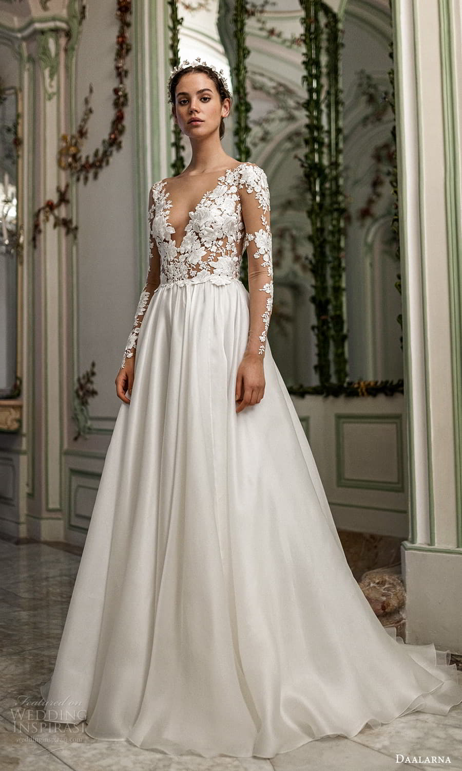 daalarna spring 2022 bridal sheer long sleeves v neckline embellished bodice clean skirt a line wedding dress chapel train (2) mv