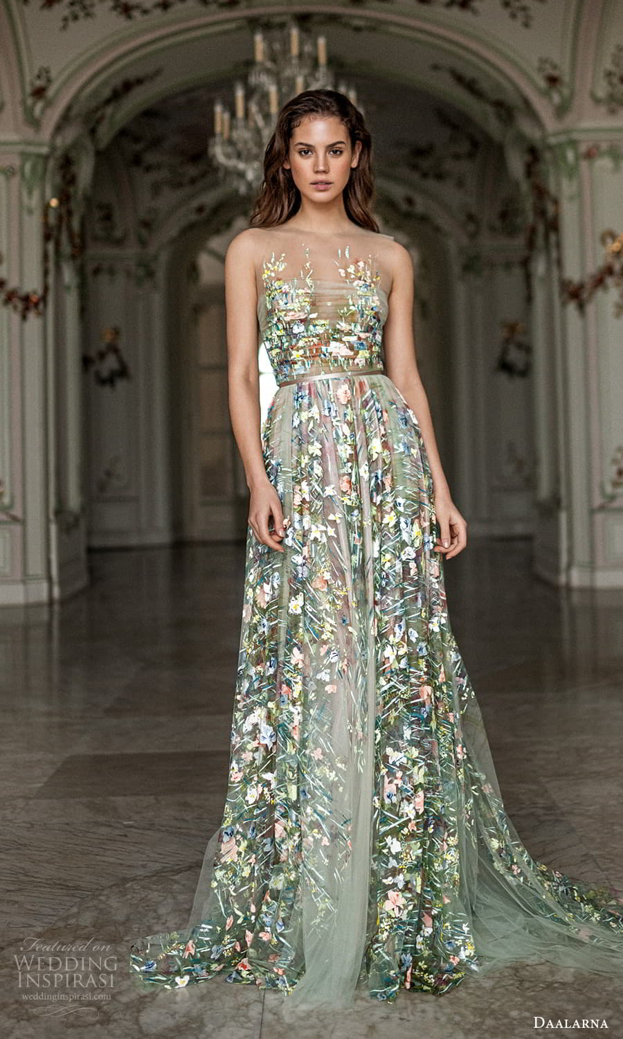 daalarna spring 2022 bridal sleeveless sheer straps straight across neckline fully embellished a line wedding dress chapel train green metallic (32) mv