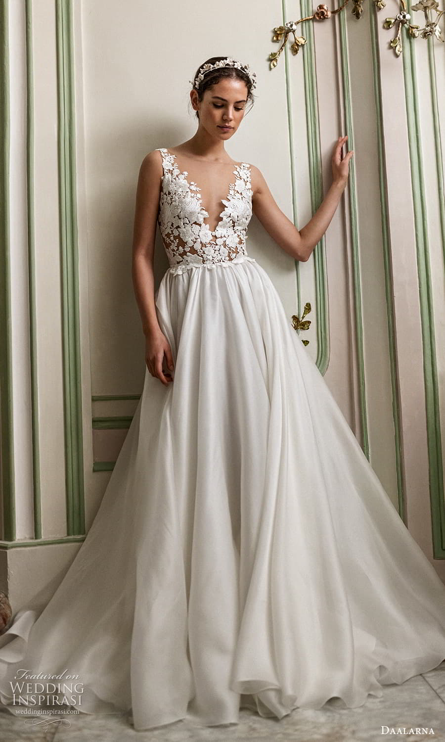 daalarna spring 2022 bridal sleeveless v neckline embellished bodice clean skirt a line wedding dress chapel train (2) mv