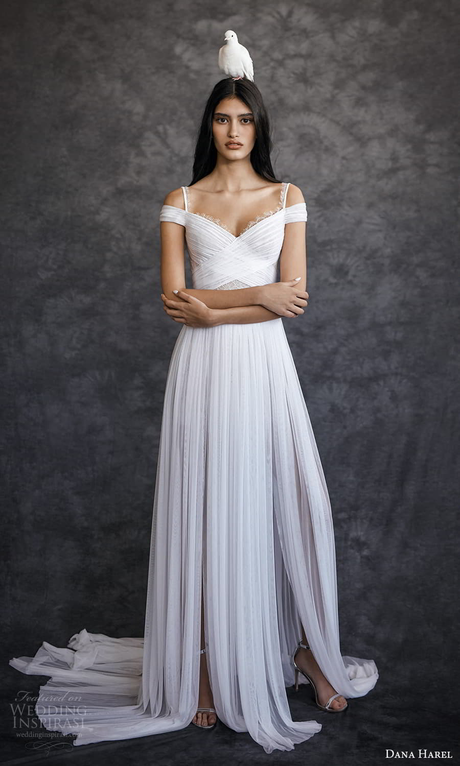 dana harel spring 2022 bridal off shoulder straps surplice sweetheart neckline ruched a line wedding dress chapel train (3) fv