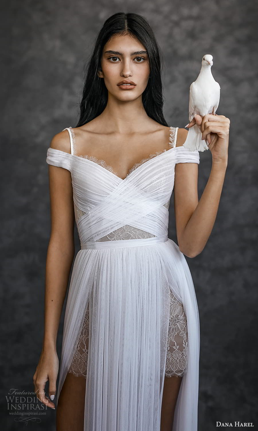 dana harel spring 2022 bridal off shoulder straps surplice sweetheart neckline ruched a line wedding dress chapel train (3) zv