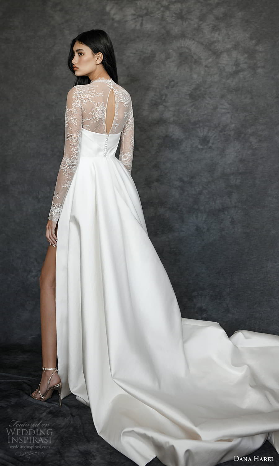 dana harel spring 2022 bridal sheer long sleeves high neckling clean minimalist a line wedding dress chapel train (2) bv