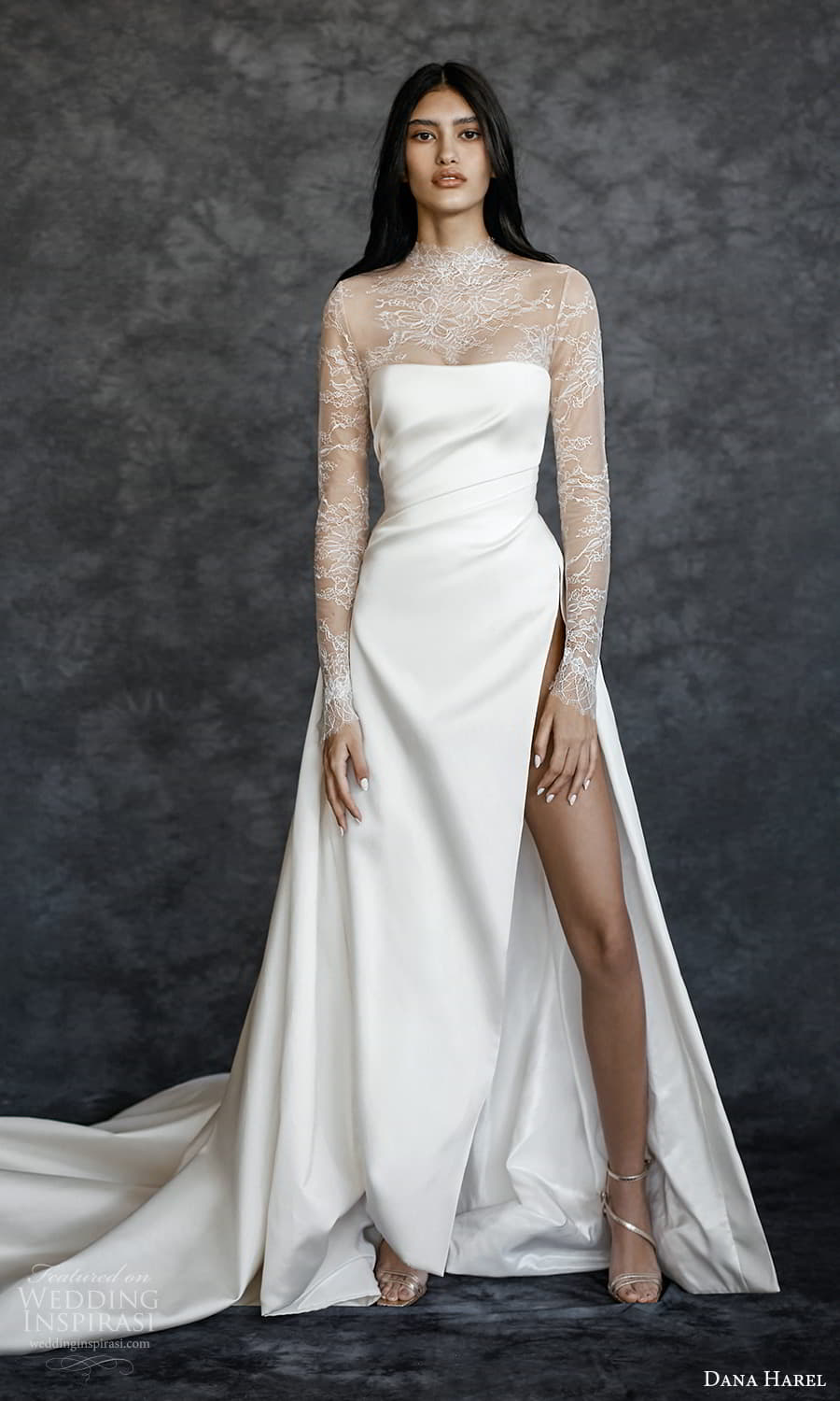 dana harel spring 2022 bridal sheer long sleeves high neckling clean minimalist a line wedding dress chapel train (2) mv