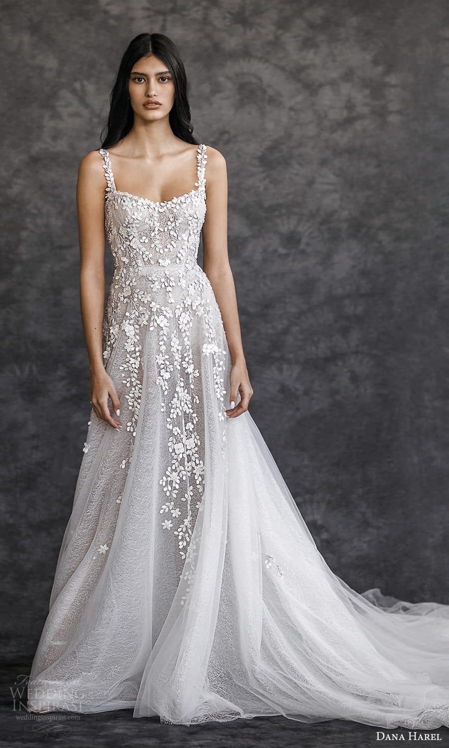 dana harel spring 2022 bridal sleeveless straps semi sweetheart neckline fully embellished a line wedding dress chapel train (6) mv