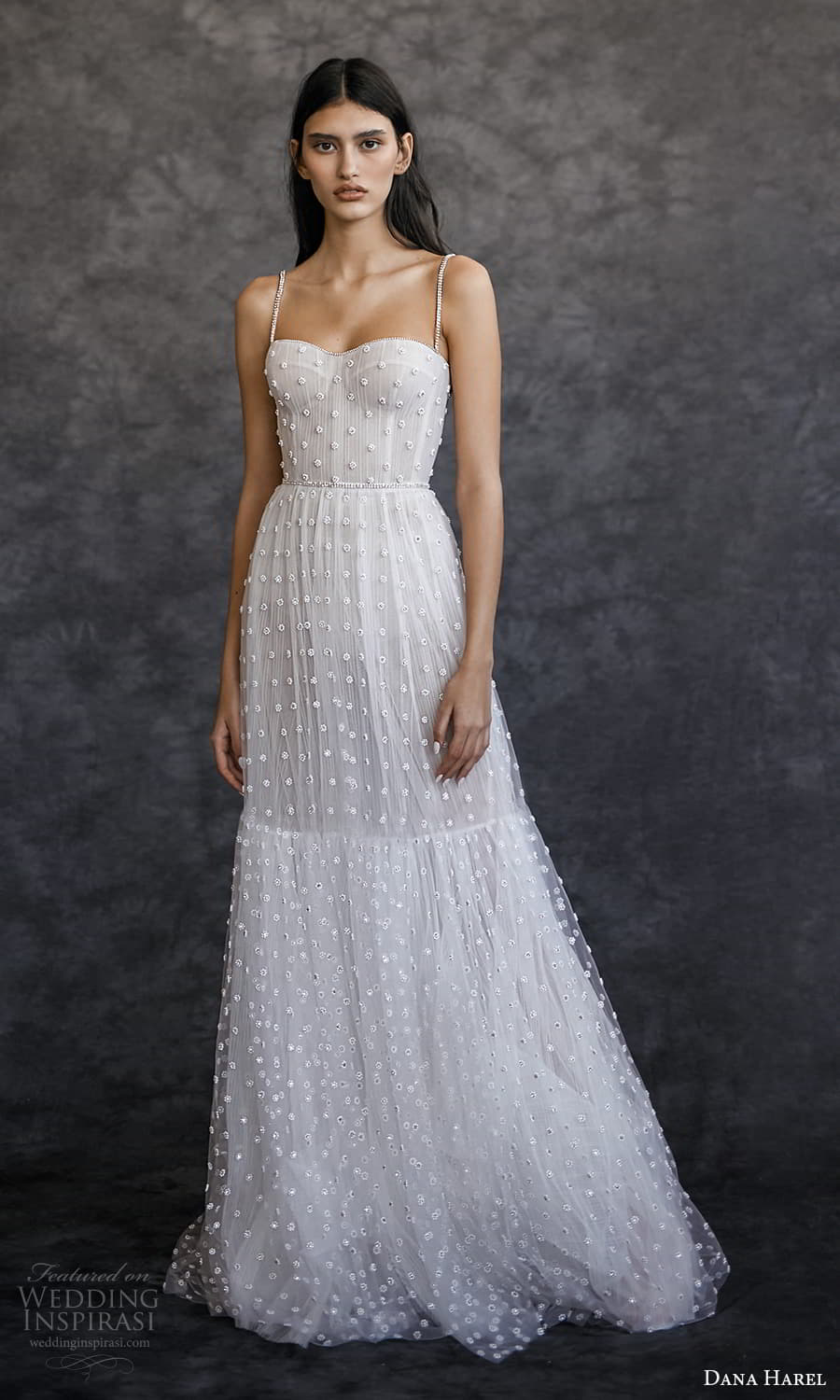 dana harel spring 2022 bridal sleeveless straps semi sweetheart neckline fully embellished a line wedding dress sweep train (4) mv