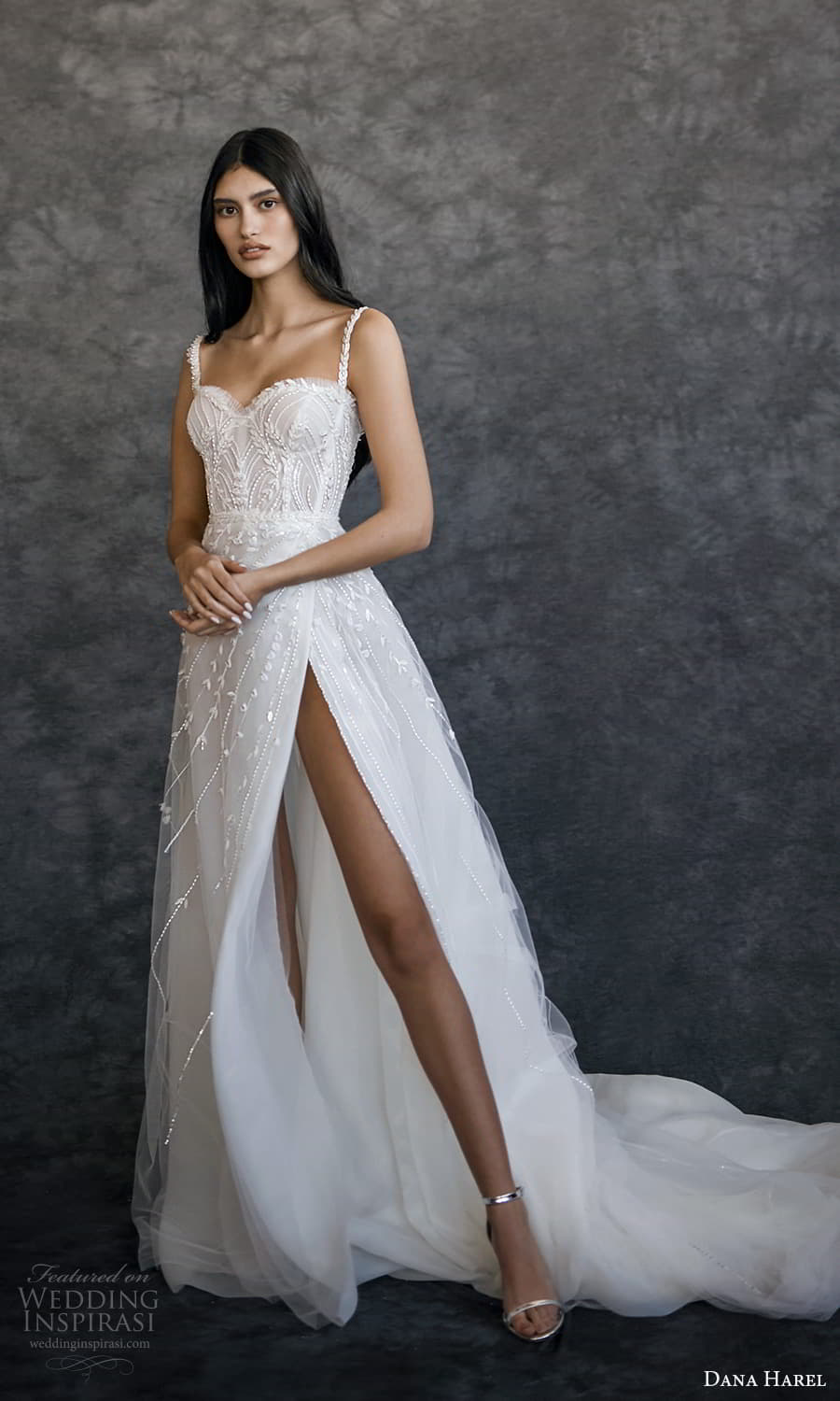 dana harel spring 2022 bridal sleeveless straps sweetheart neckline fully embellished a line ball gown wedding dress chapel train (1) mv