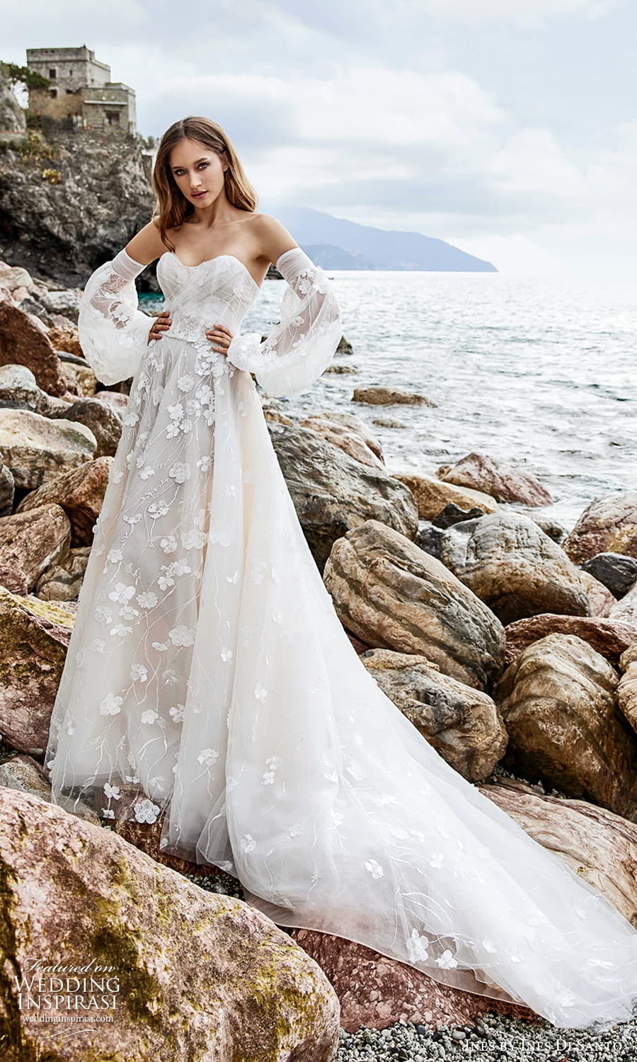 ines ines di santo spring 2022 bridal detached bishop sleeves strapless sweetheart neckline fully embellished a line ball gown wedding dress chapel train (1) mv