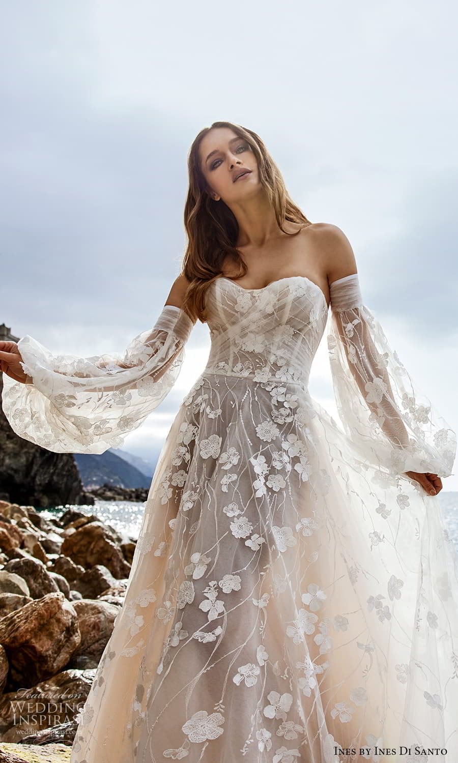 ines ines di santo spring 2022 bridal detached bishop sleeves strapless sweetheart neckline fully embellished a line ball gown wedding dress chapel train (1) zv