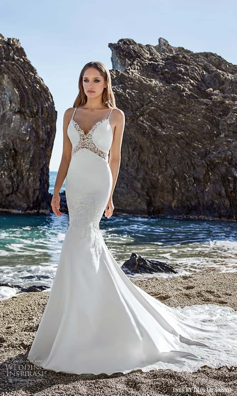 ines ines di santo spring 2022 bridal sleeveless straps sweetheart neckline embellished bodice fit flare mermaid wedding dress lace chapel train (5) mv