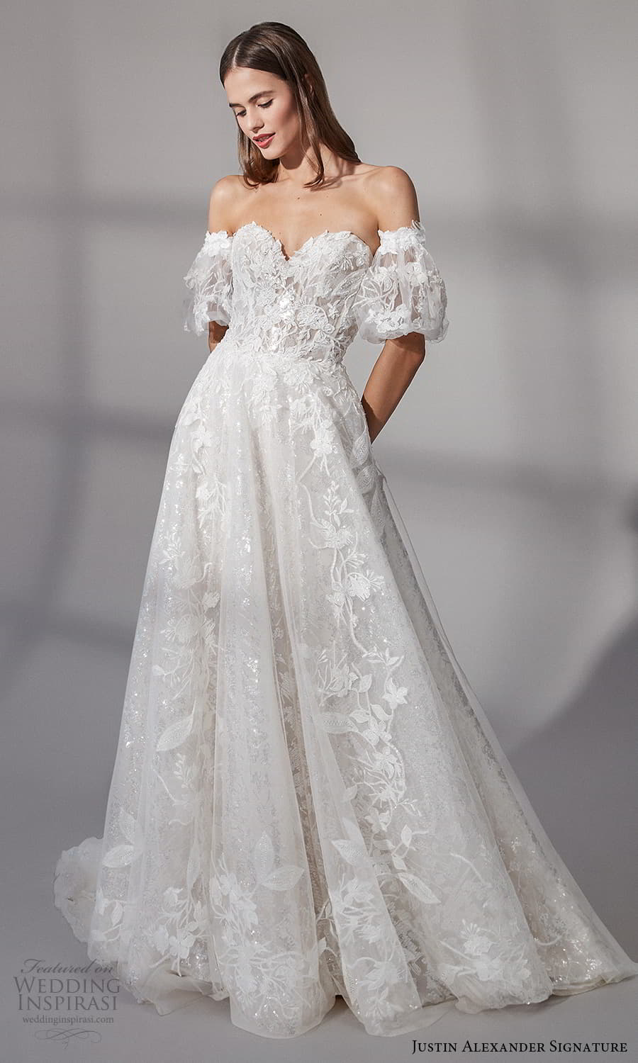 justin alexander signature fall 2021 bridal detached short puff sleeves strapless sweetheart neckline fully embellished a line ball gown wedding dress chapel train (14) mv