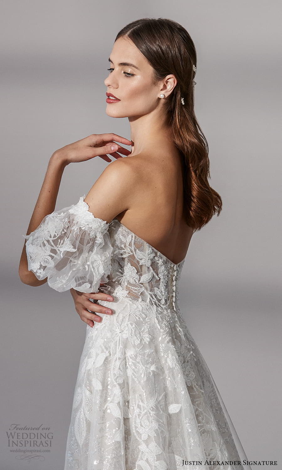 justin alexander signature fall 2021 bridal detached short puff sleeves strapless sweetheart neckline fully embellished a line ball gown wedding dress chapel train (14) zsv