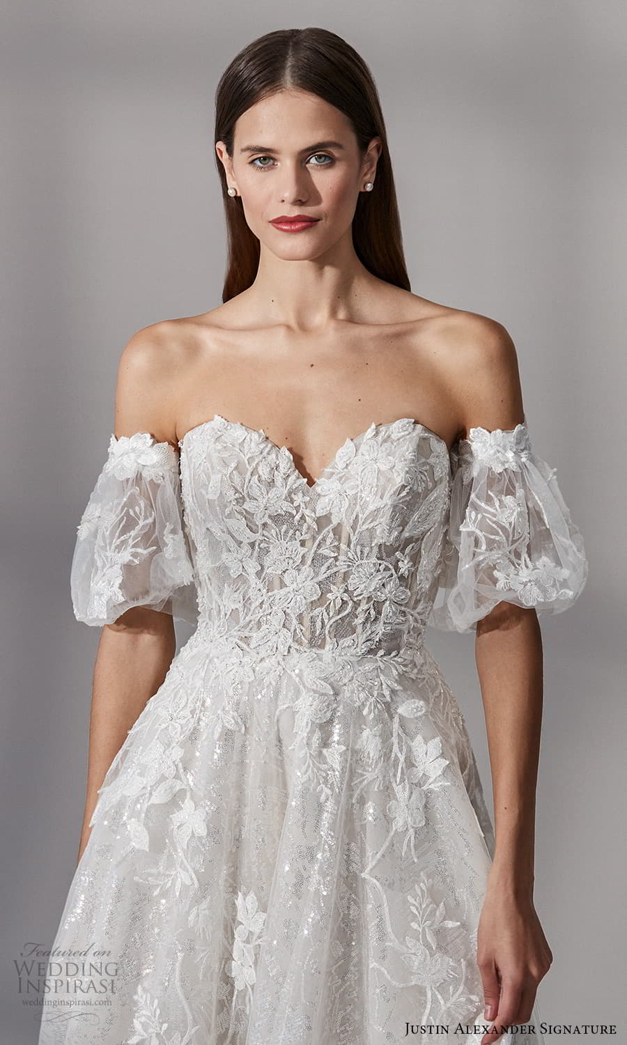 justin alexander signature fall 2021 bridal detached short puff sleeves strapless sweetheart neckline fully embellished a line ball gown wedding dress chapel train (14) zv