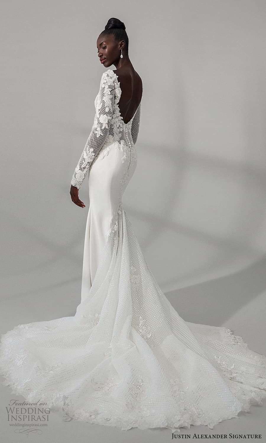justin alexander signature fall 2021 bridal long sleeve v neckline heavily embellished bodice clean skirt sheath wedding dress chapel train (7) bv justin alexander signature fall 2021 bridal long sleeve v neckline heavily embellished bodice clean skirt sheath wedding dress chapel train (7) bv