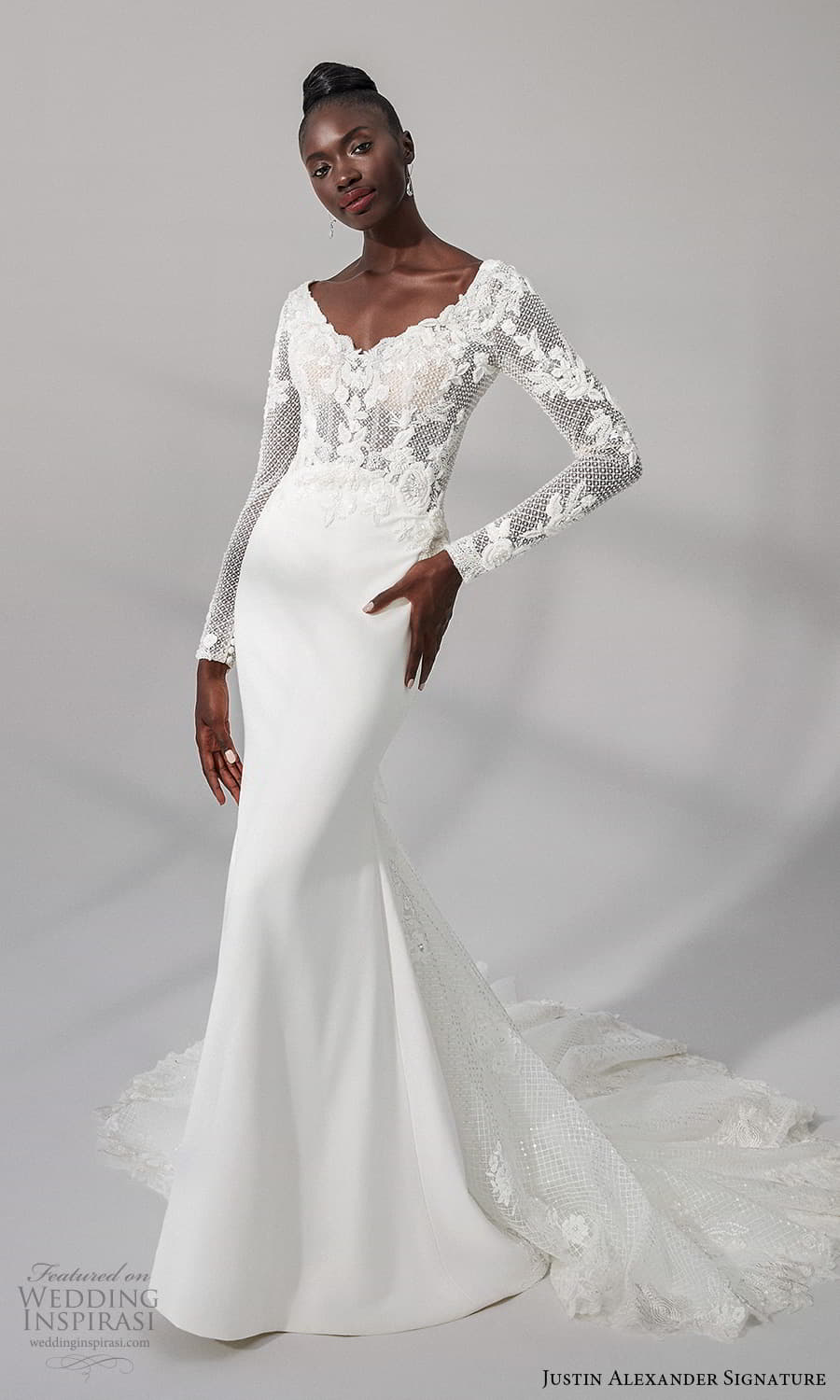 justin alexander signature fall 2021 bridal long sleeve v neckline heavily embellished bodice clean skirt sheath wedding dress chapel train (7) mv