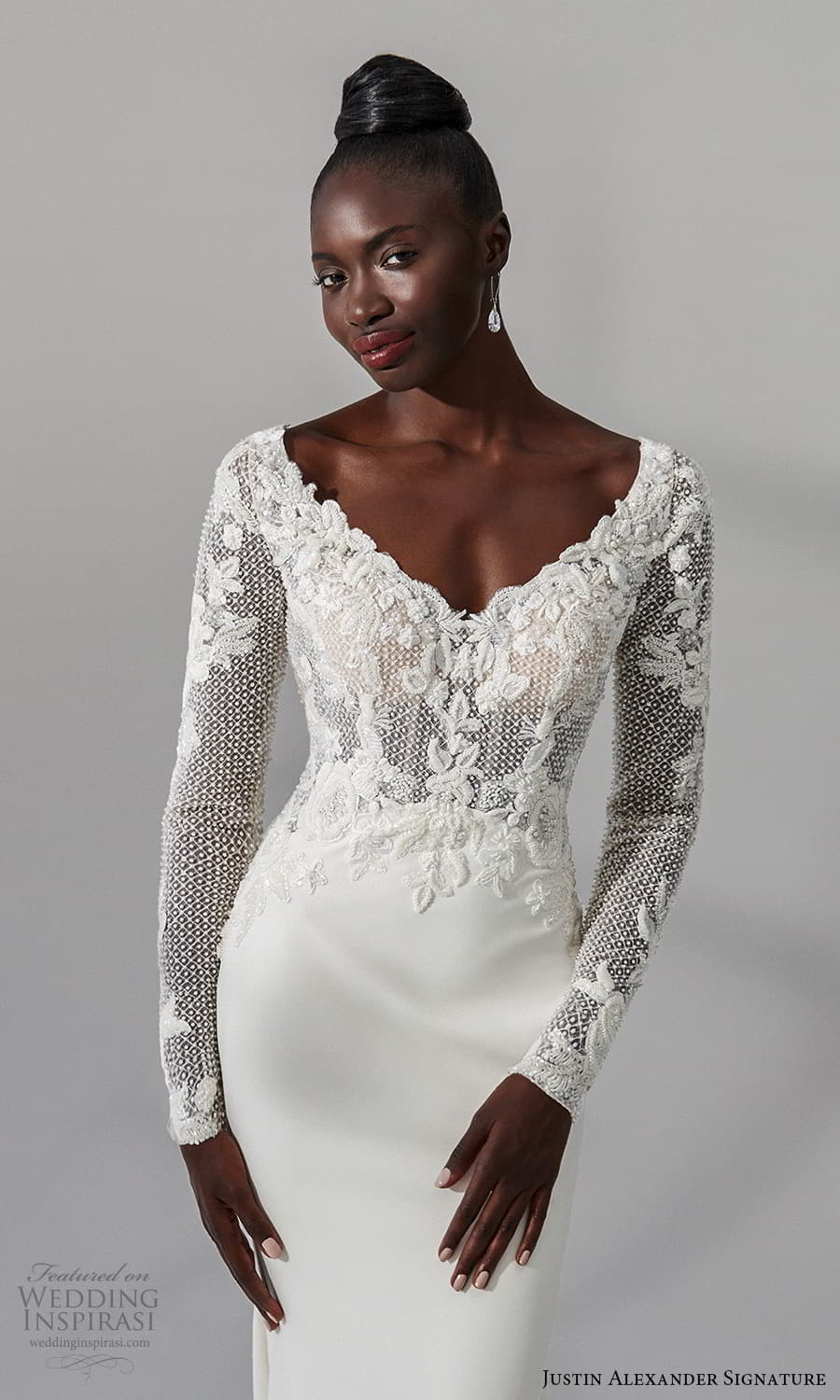 justin alexander signature fall 2021 bridal long sleeve v neckline heavily embellished bodice clean skirt sheath wedding dress chapel train (7) zv