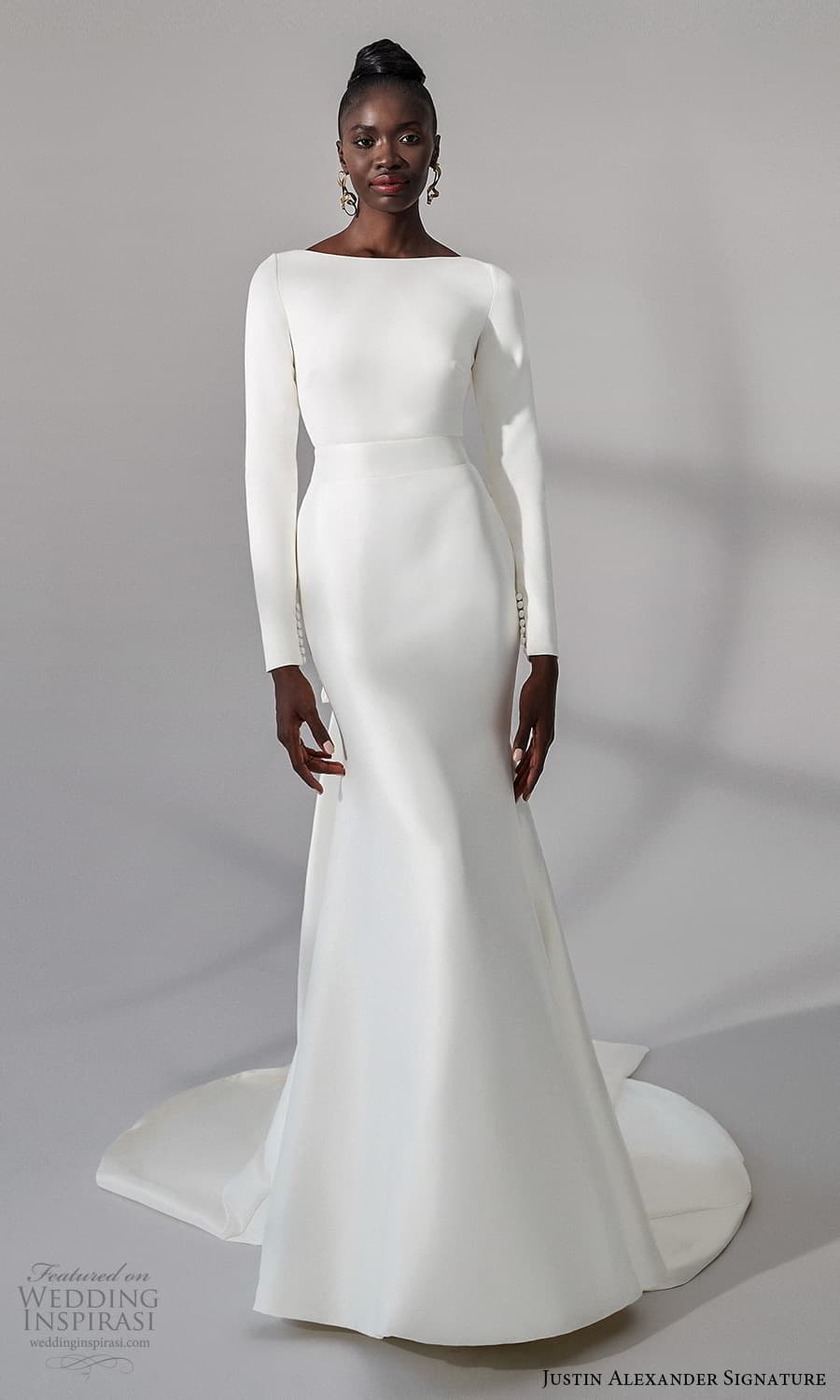 justin alexander signature fall 2021 bridal long sleeves bateau neckline clean minimalist sheath wedding dress (15) mv