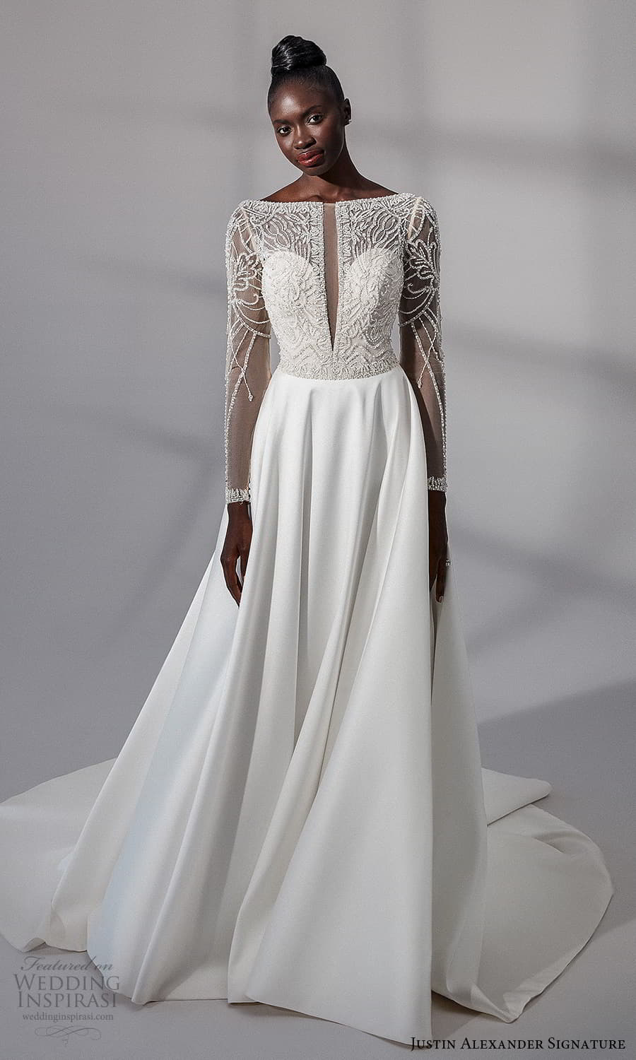 justin alexander signature fall 2021 bridal long sleeves bateau neckline embellished bodice clean skirt a line wedding dress chapel train (20) mv