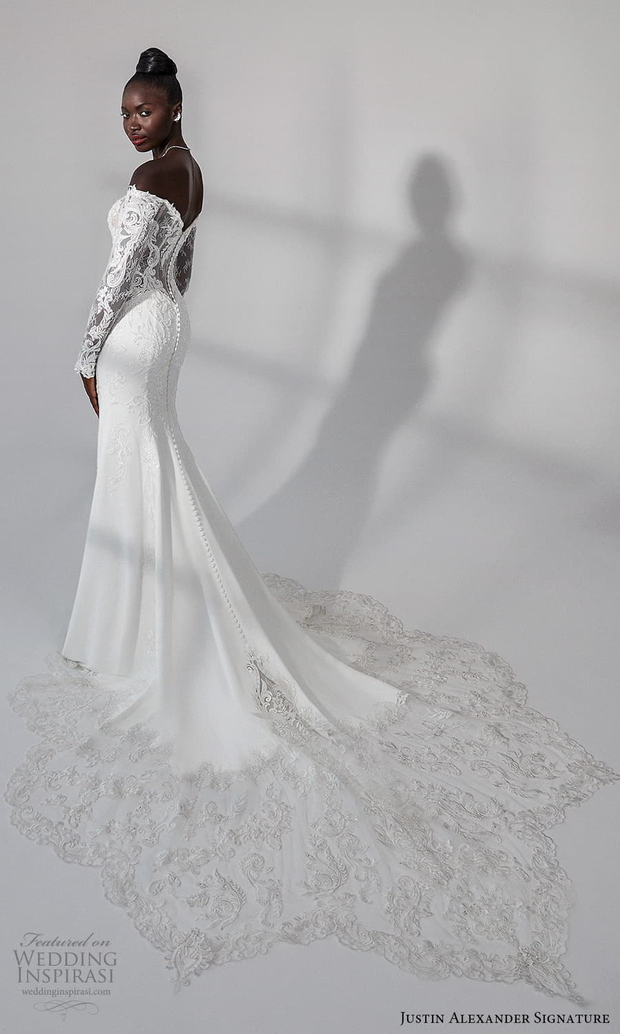 justin alexander signature fall 2021 bridal long sleeves off shoulder neckline embellished lace bodce clean skirt sheath wedding dress chapel train (11) bv justin alexander signature fall 2021 bridal long sleeves off shoulder neckline embellished lace bodce clean skirt sheath wedding dress chapel train (11) bv