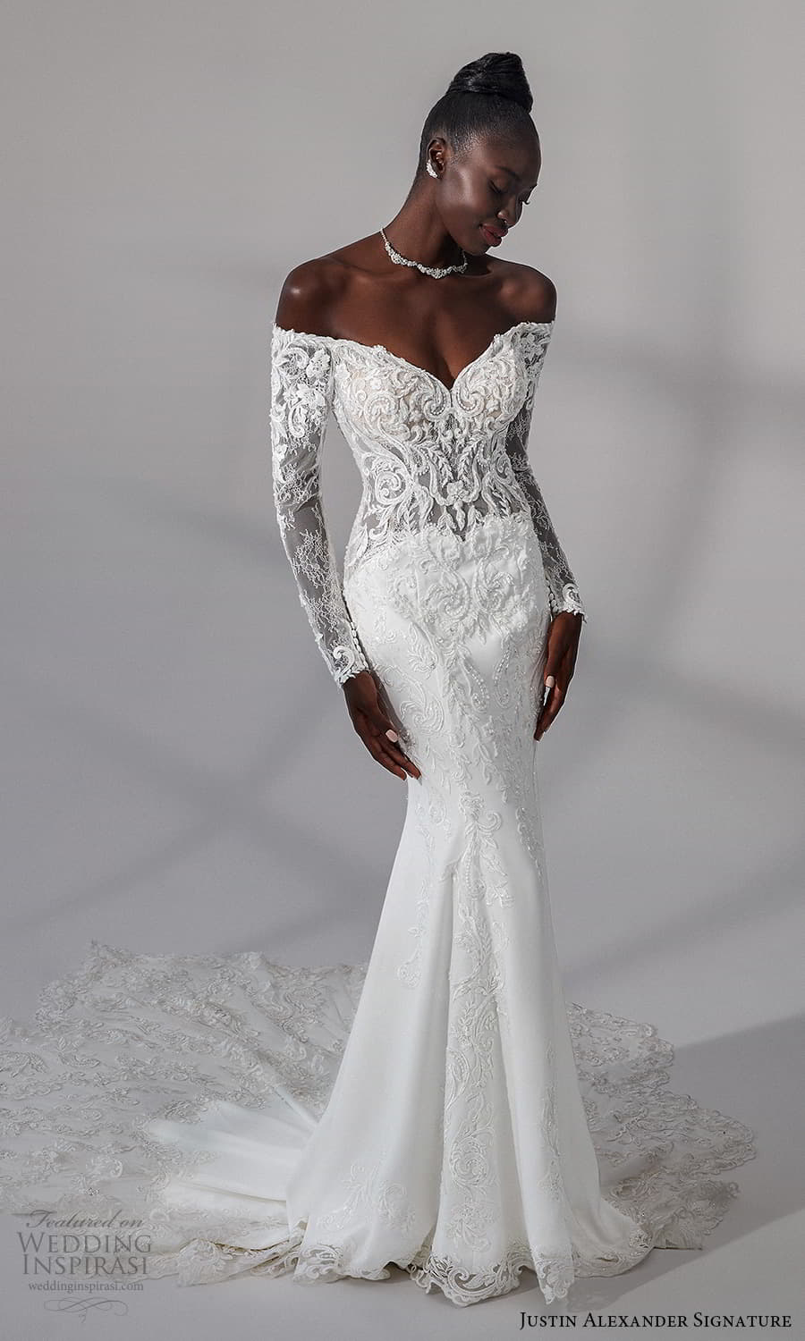 justin alexander signature fall 2021 bridal long sleeves off shoulder neckline embellished lace bodce clean skirt sheath wedding dress chapel train (11) mv