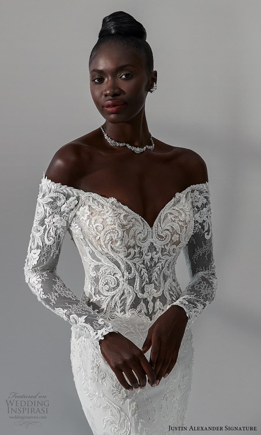 justin alexander signature fall 2021 bridal long sleeves off shoulder neckline embellished lace bodce clean skirt sheath wedding dress chapel train (11) zv