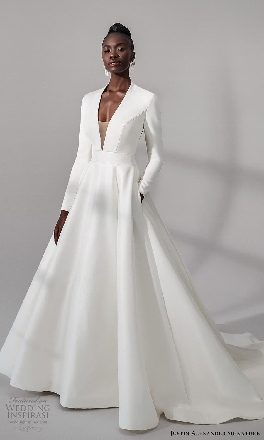 justin alexander signature fall 2021 bridal long sleeves plunging v neckline clean minimalist a line vball gown wedding dress chapel train (9) mv