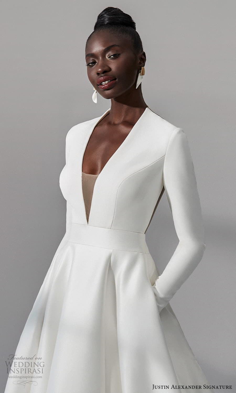 justin alexander signature fall 2021 bridal long sleeves plunging v neckline clean minimalist a line vball gown wedding dress chapel train (9) zv