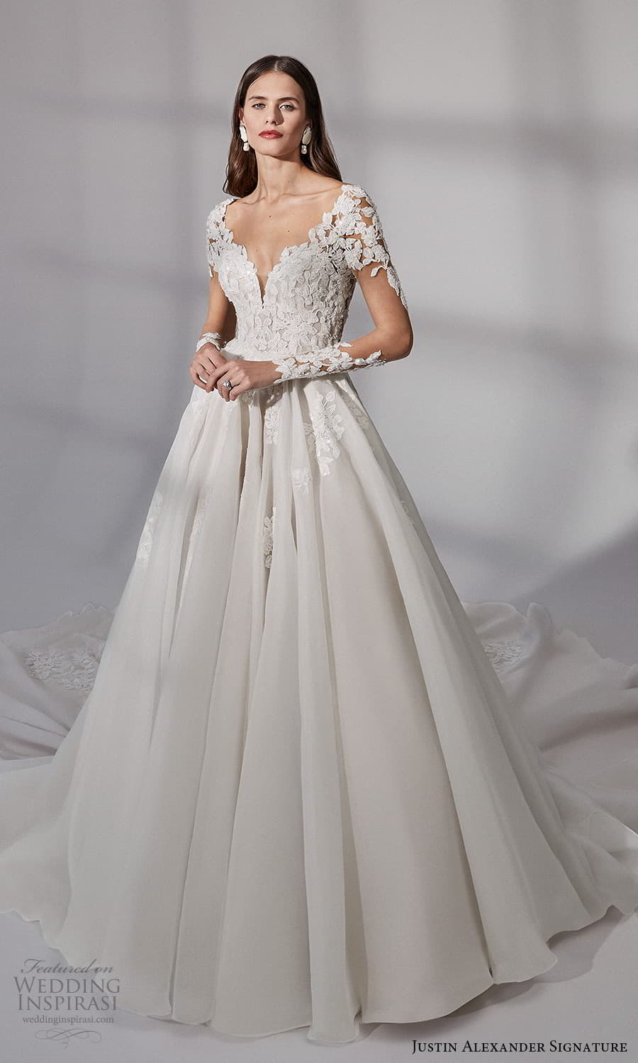 justin alexander signature fall 2021 bridal long sleeves v neckline embellished bodice a line ball gown wedding dress chapel train (12) mv