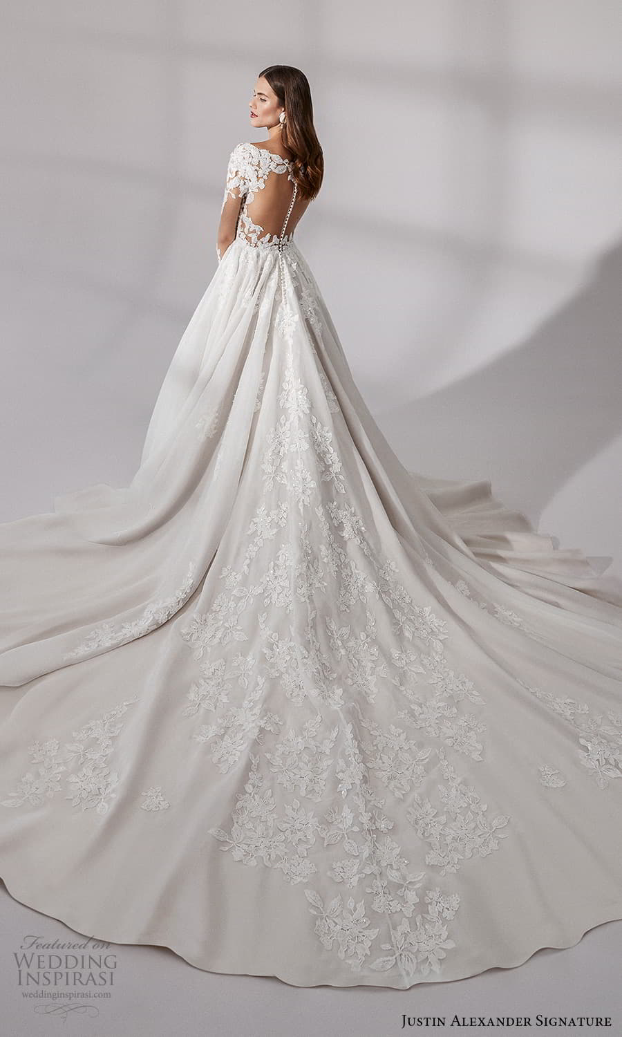 justin alexander signature fall 2021 bridal long sleeves v neckline embellished bodice a line ball gown wedding dress chapel train sheer back (12) bv