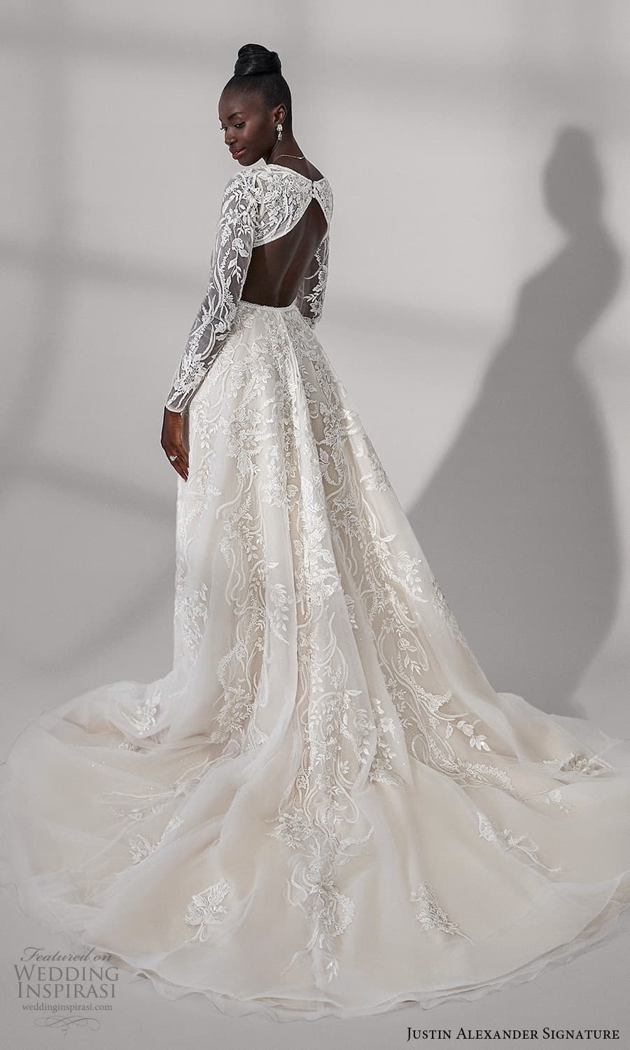 justin alexander signature fall 2021 bridal long sleeves v neckline fully embellished lace a line ball gown wedding dress cutout back chapel train (1) bv