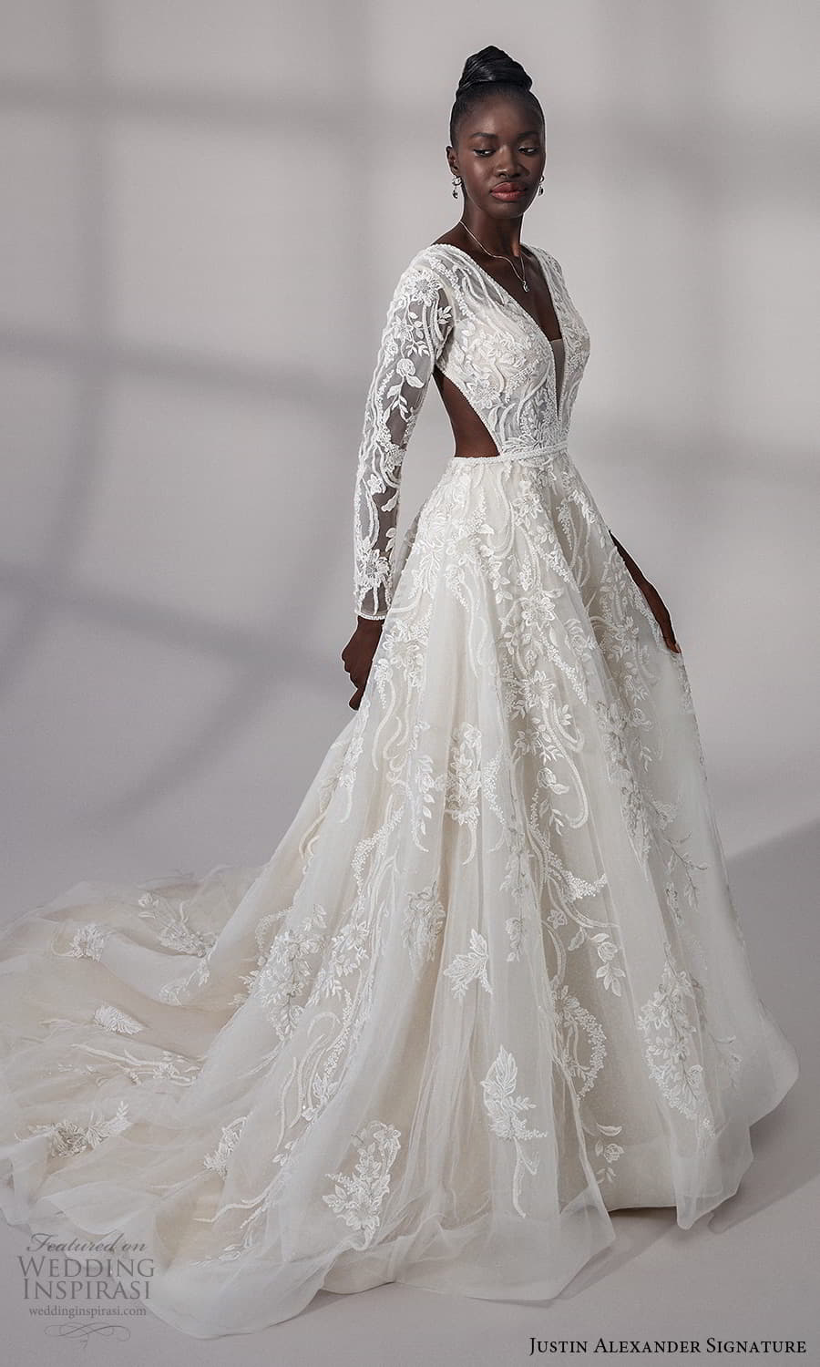 justin alexander signature fall 2021 bridal long sleeves v neckline fully embellished lace a line ball gown wedding dress cutout back chapel train (1) mv