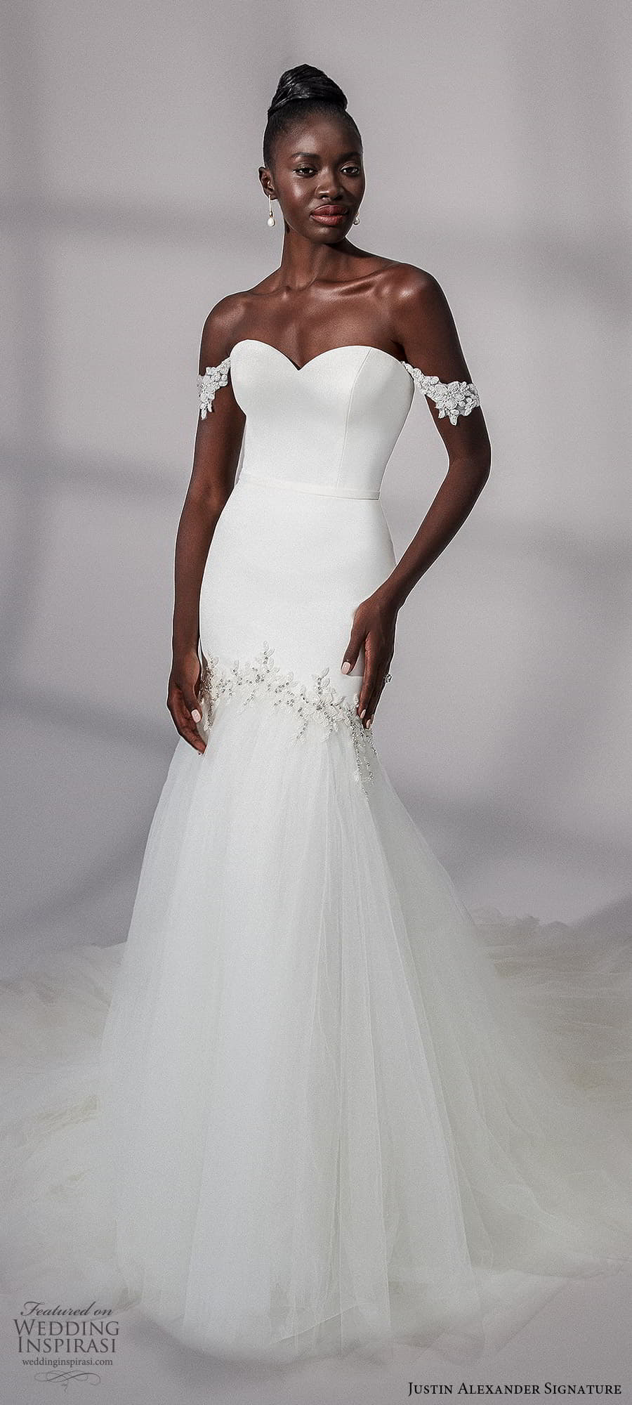 justin alexander signature fall 2021 bridal off shoulder straps sweetheart neckline clean minimalist fit flare mermaid wedding dress chapel train (18) mv