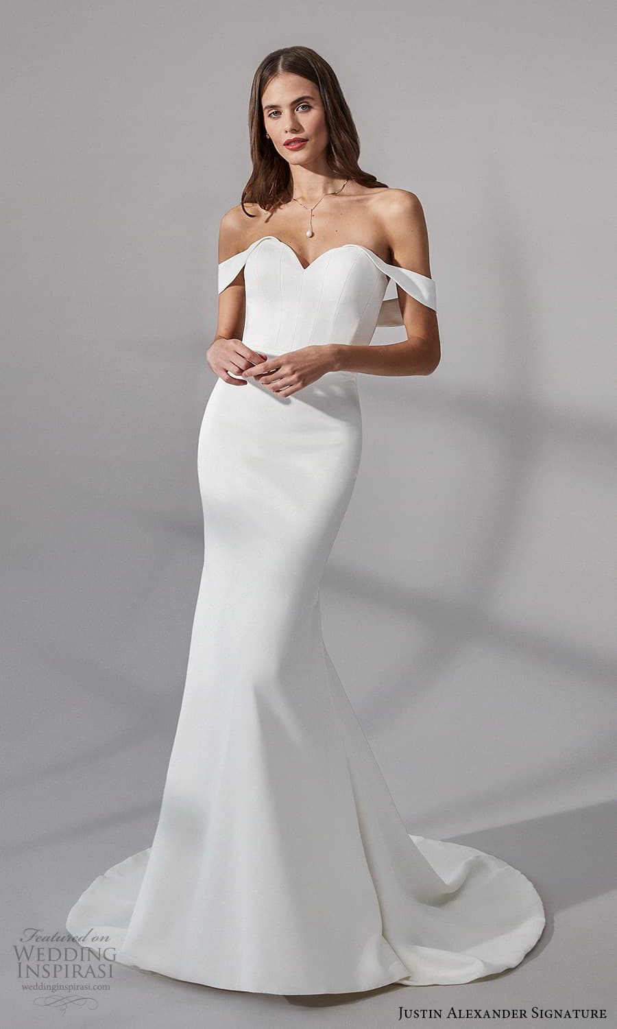 justin alexander signature fall 2021 bridal off shoulder straps sweetheart neckline clean minimalist sheath wedding dress chapel train (8) mv