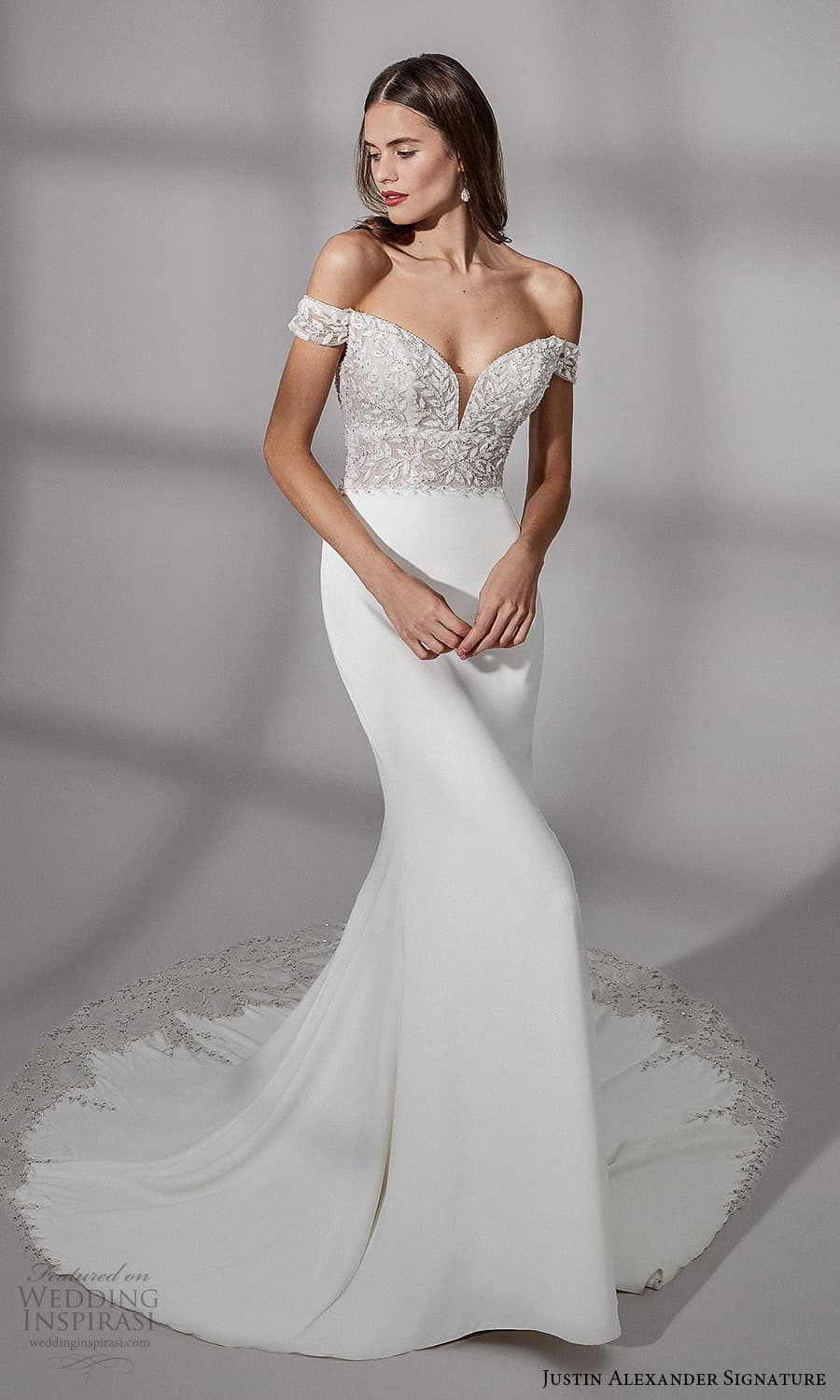 justin alexander signature fall 2021 bridal off shoulder straps sweetheart neckline embellished bodice clean skirt sheath wedding dress chapel train (19) mv