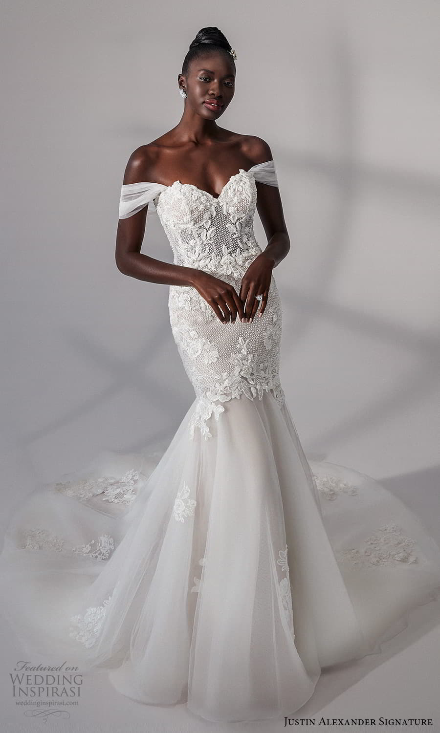 justin alexander signature fall 2021 bridal off shoulder straps sweetheart neckline heavily embellished bodice fit flare mermaid wedding dress chapel train (13) mv