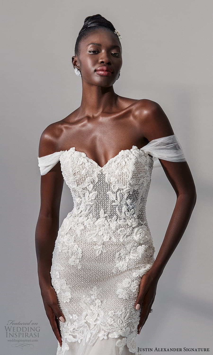 justin alexander signature fall 2021 bridal off shoulder straps sweetheart neckline heavily embellished bodice fit flare mermaid wedding dress chapel train (13) zv