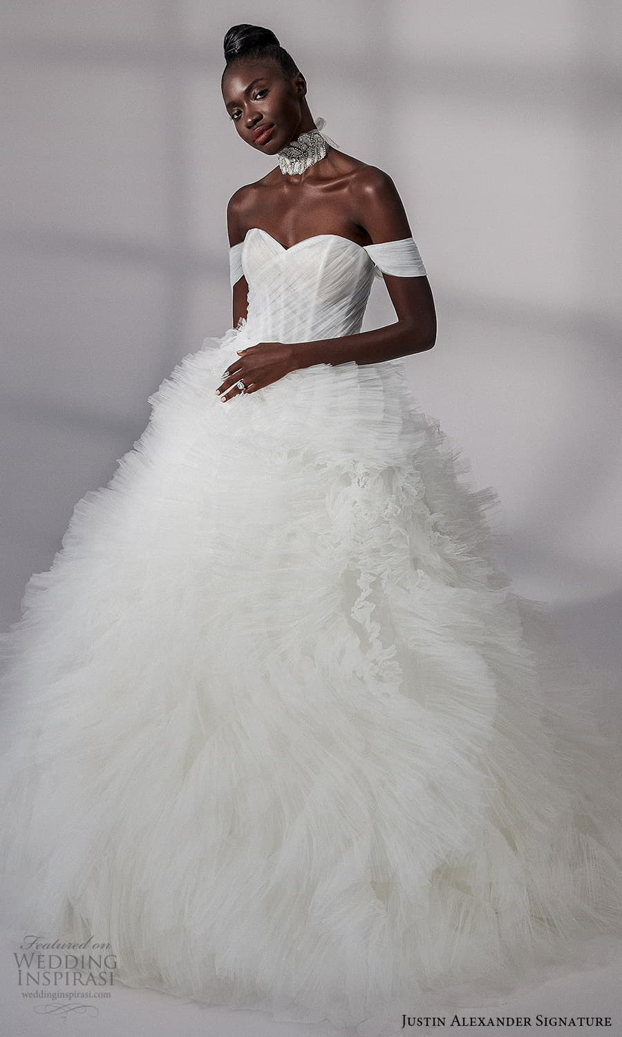 justin alexander signature fall 2021 bridal off shoulder straps sweetheart neckline ruched bodice ruffle skirt a line ball gown wedding dress chapel train (17) mv