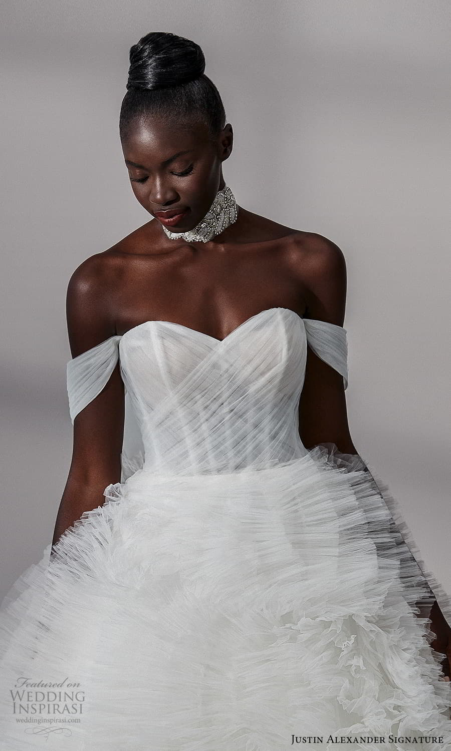 justin alexander signature fall 2021 bridal off shoulder straps sweetheart neckline ruched bodice ruffle skirt a line ball gown wedding dress chapel train (17) zv