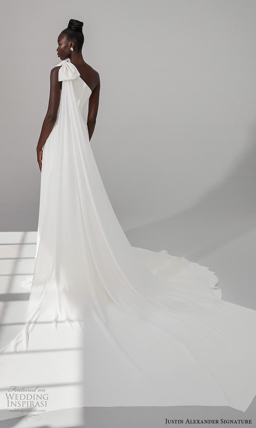 justin alexander signature fall 2021 bridal sleeveless one shoulder straps asymmetric neckline clean minimalist a line wedding dress slit skirt chapel train (3) bv