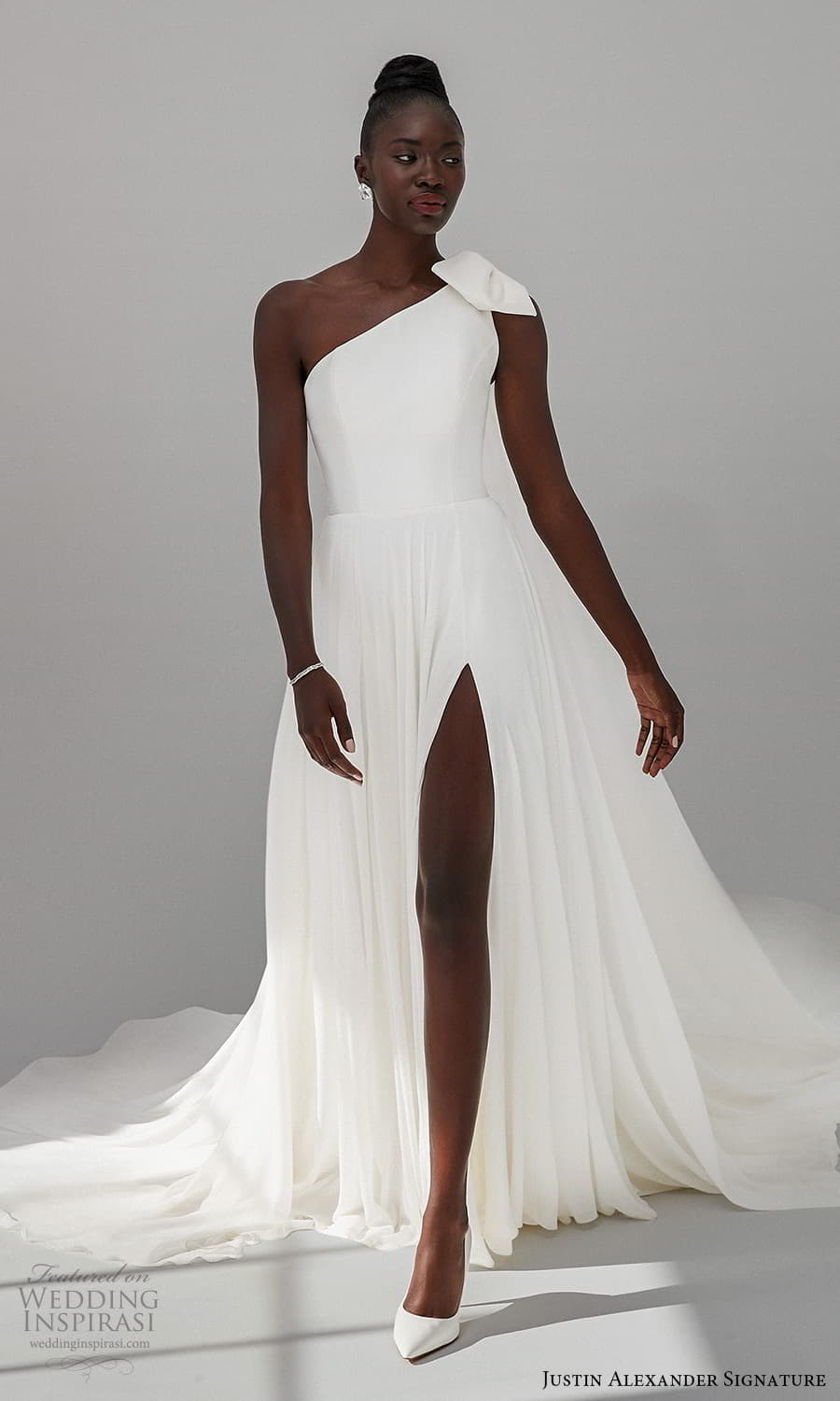 justin alexander signature fall 2021 bridal sleeveless one shoulder straps asymmetric neckline clean minimalist a line wedding dress slit skirt chapel train (3) mv