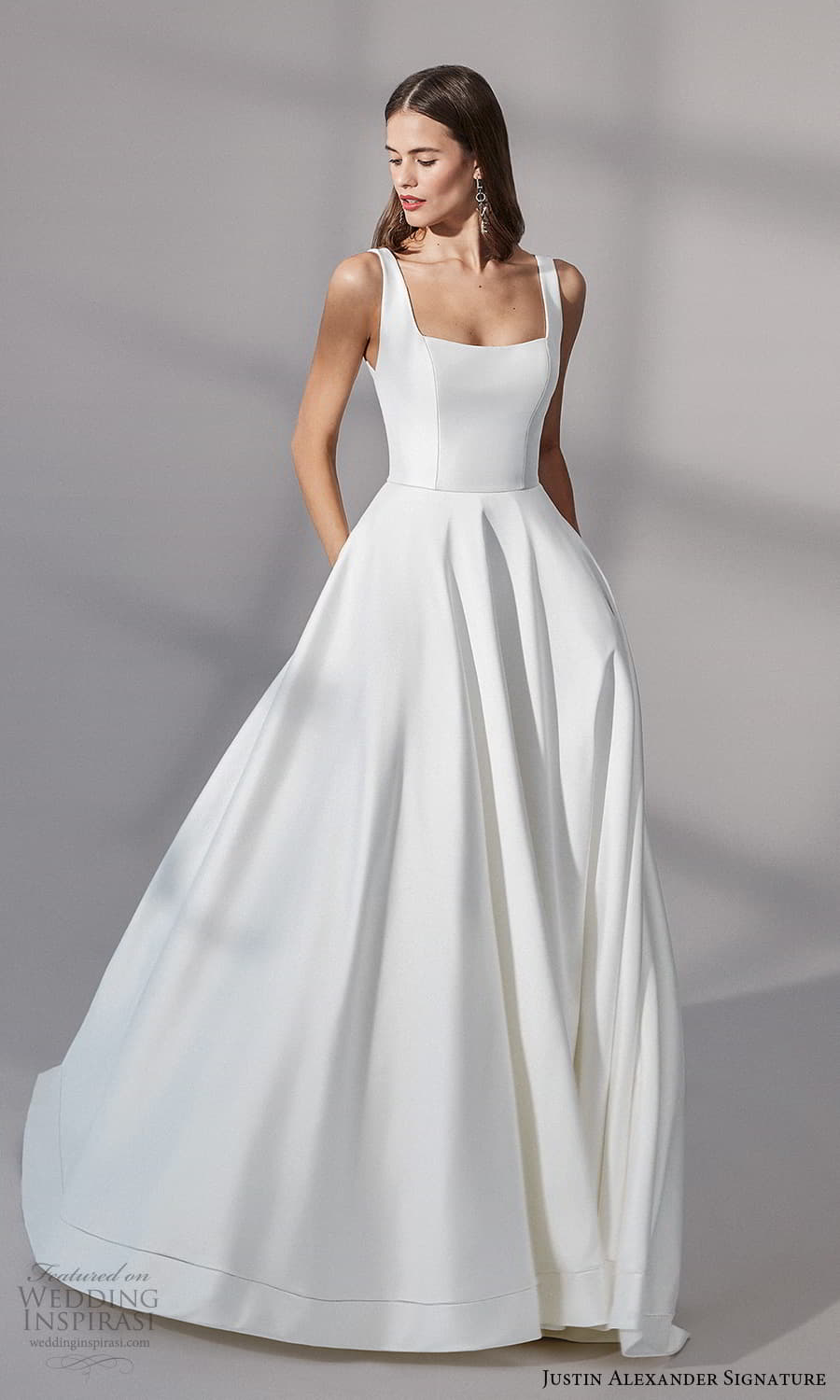 justin alexander signature fall 2021 bridal sleeveless straps square neckline clean minimalist a line ball gown wedding dress chapel train (10) mv