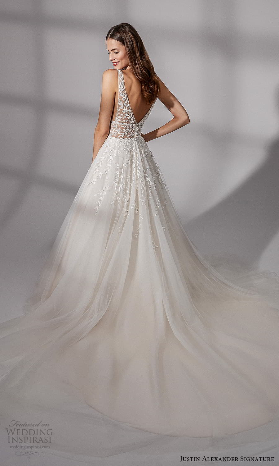 justin alexander signature fall 2021 bridal sleeveless straps v neckline embellished bodice a line ball gown wedding dress chapel train (16) bv