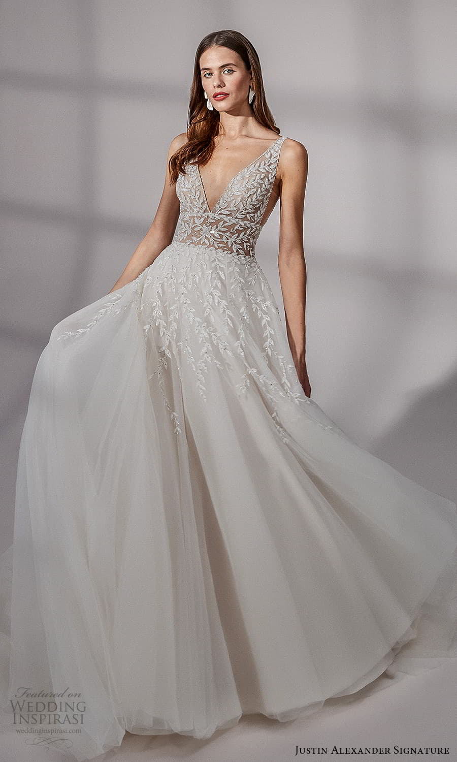 justin alexander signature fall 2021 bridal sleeveless straps v neckline embellished bodice a line ball gown wedding dress chapel train (16) mv