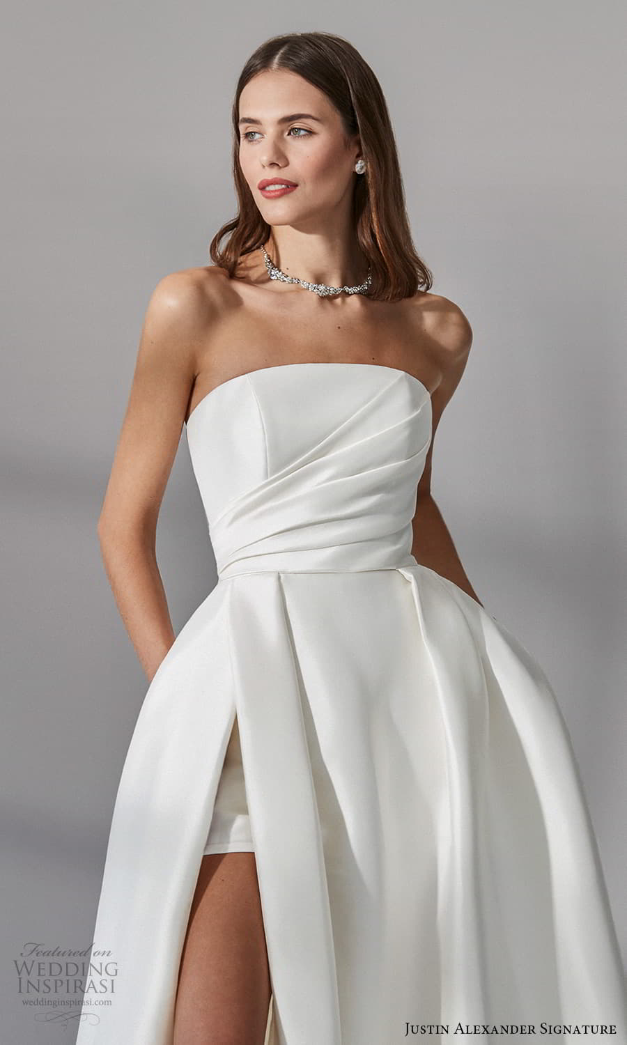 justin alexander signature fall 2021 bridal straples straight across neckline clean minimalist a line wedding dress slit skirt (6) zv