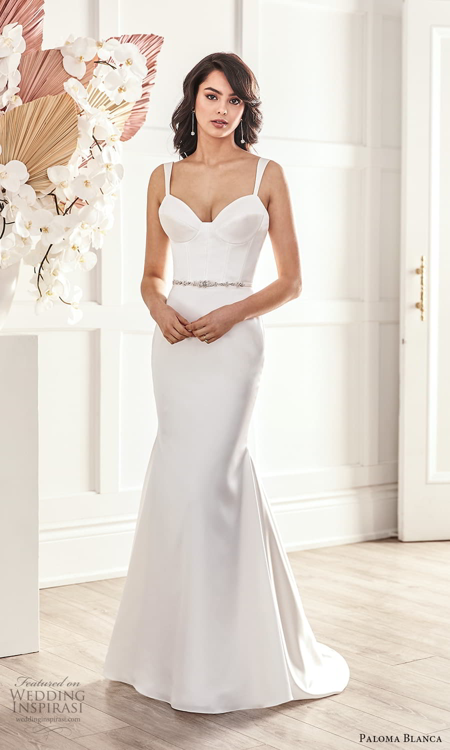 paloma blanca fall 2021 bridal sleeveless straps sweetheart neckline clean minimalist fit flare sheath wedding dress chapel train (6) mv