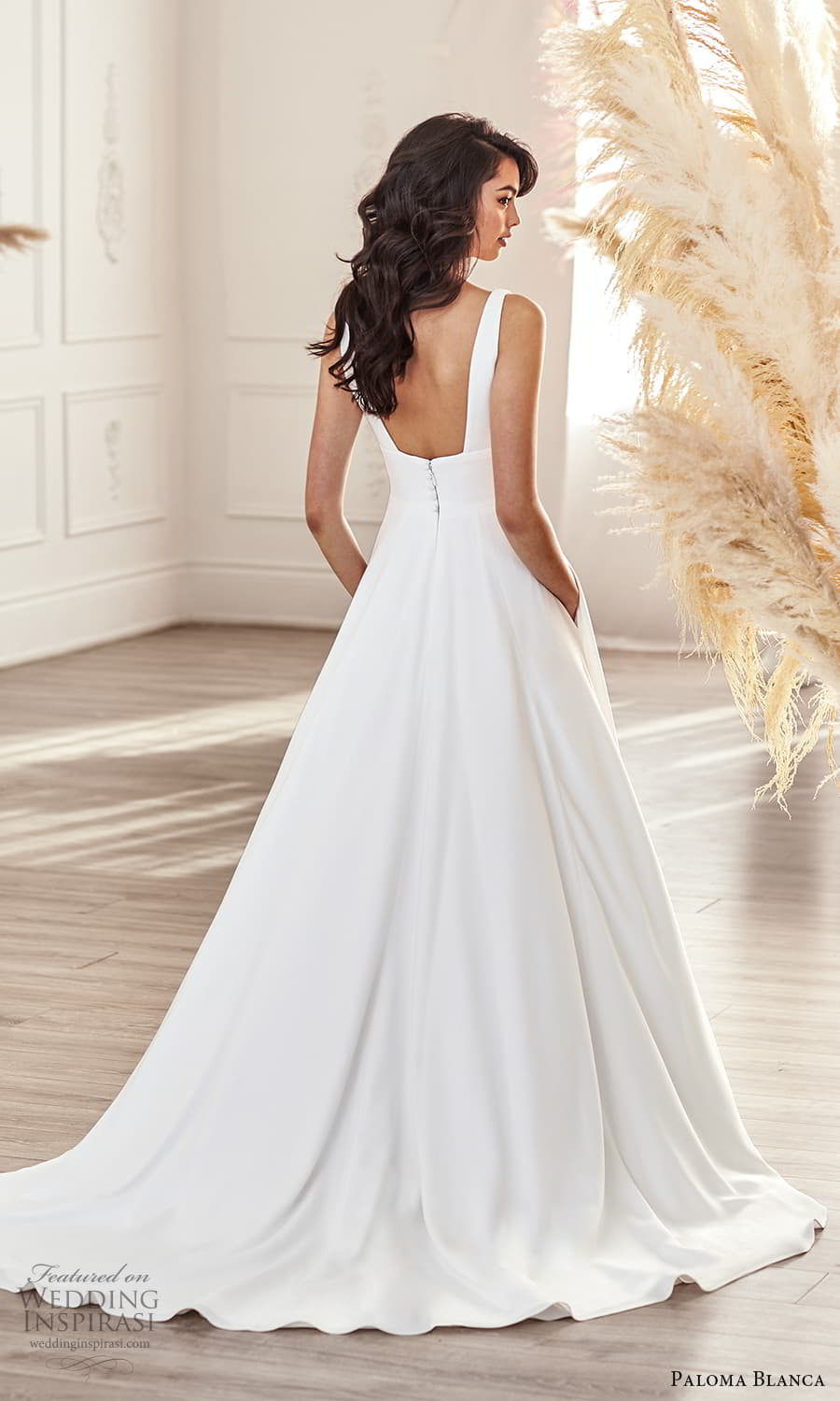 paloma blanca fall 2021 bridal sleeveless straps v neckline clean minimalist simple a line wedding dress pocket chapel train (9) bv