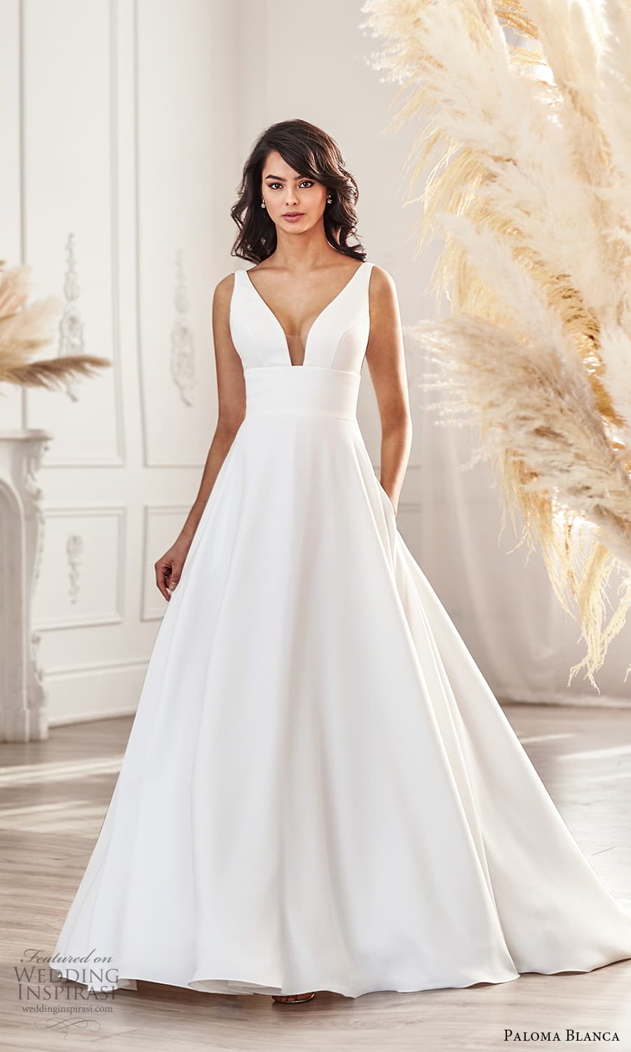 paloma blanca fall 2021 bridal sleeveless straps v neckline clean minimalist simple a line wedding dress pocket chapel train (9) mv