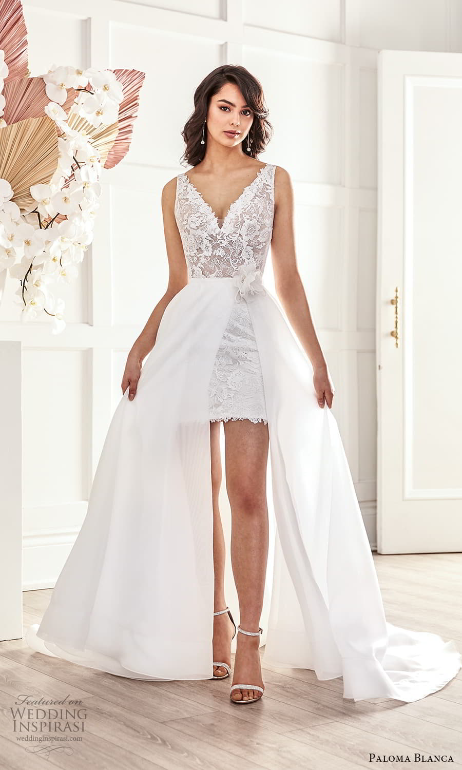 paloma blanca fall 2021 bridal sleeveless straps v neckline embellished lace short wedding dress clean a line overskirt (7) fv